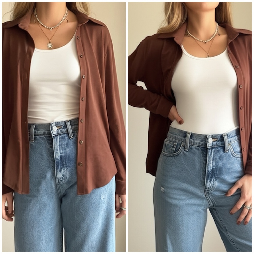 90s‎ Vintage Faux Suede Stretch Neutral Brown Button Front Shirt Jacket Shacket